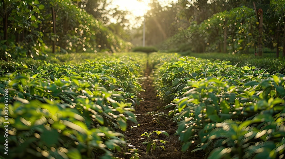 Fototapeta premium Rows of plants in a cultivated agricultural farm.