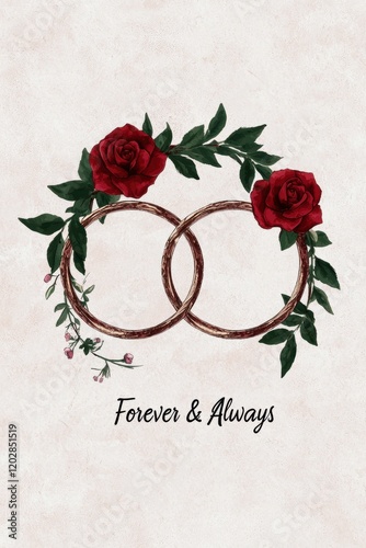Intertwined rings with red roses and green leaves, forever and always
