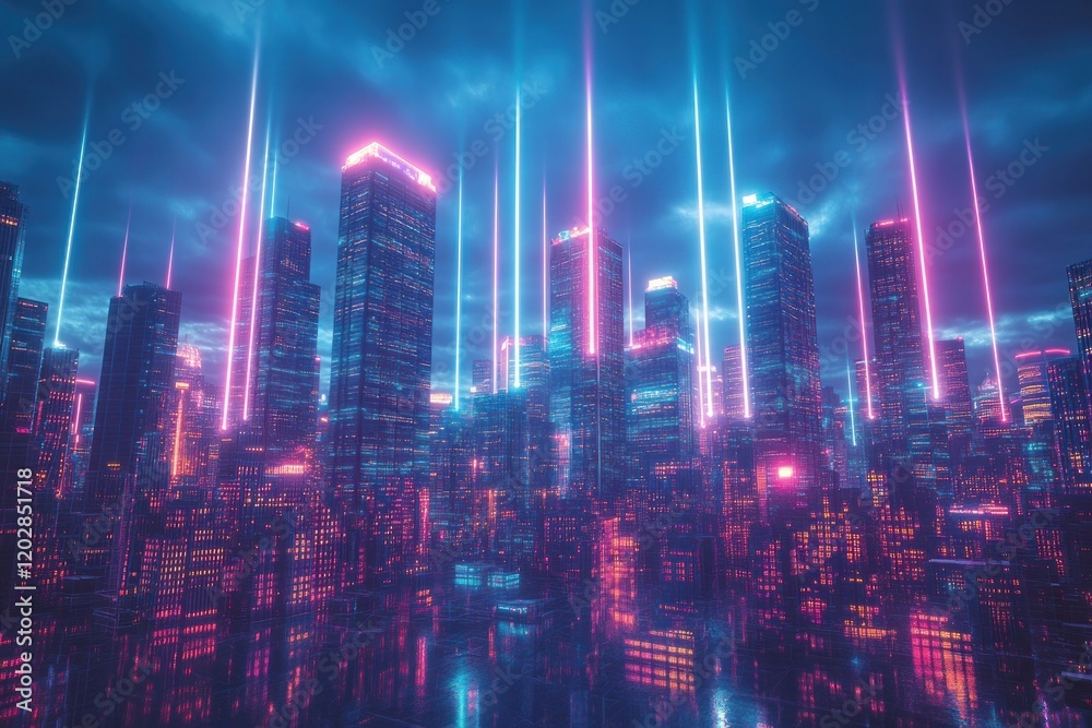 Fototapeta premium Futuristic city skyline illuminated by vibrant neon lights under a dramatic sky