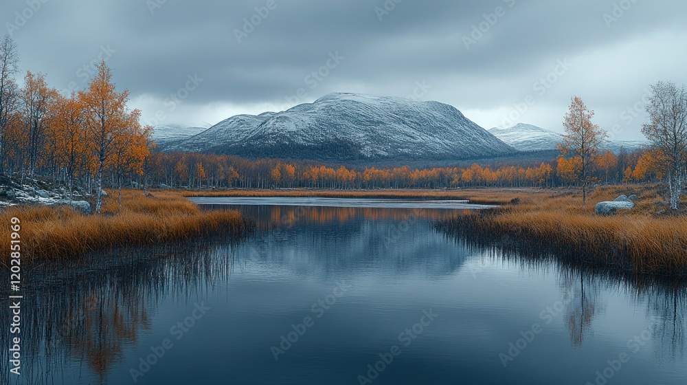 Fototapeta premium Autumn lake, mountain reflection, snowy peaks, moody sky, landscape