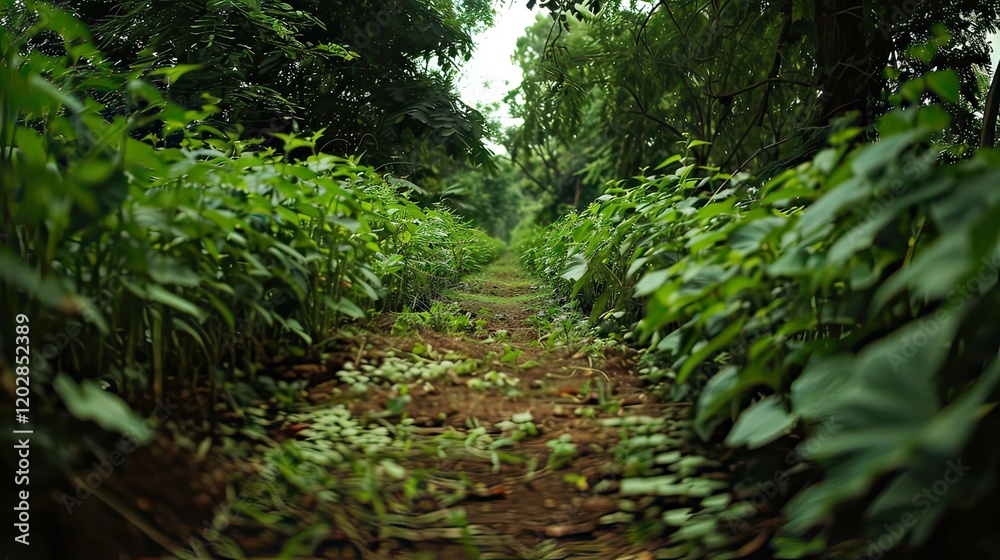 A green soybean plantation with a dirt pathway in the middle. A green soybean plantation with a dirt pathway in the middle.