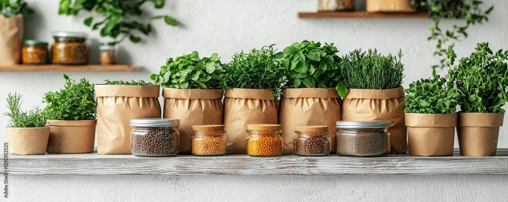 Obraz premium A vibrant display of potted herbs and spices in jars, arranged neatly on a counter, showcasing a fresh and natural kitchen aesthetic.