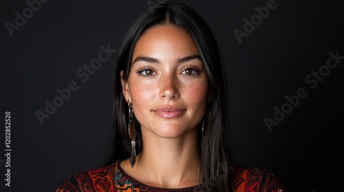 Portrait of a young woman with freckles and long dark hair