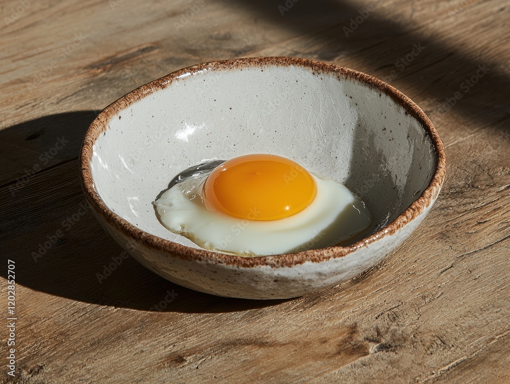 Single fried egg in a rustic bowl on wooden table Single fried egg in a rustic bowl on wooden table