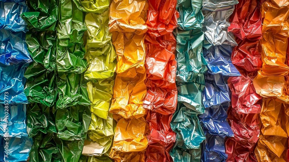 A vibrant display of crinkled, colorful foil arranged in stripes, showcasing a spectrum of bright hues from green to red. A vibrant display of crinkled, colorful foil arranged in stripes, showcasing a spectrum of bright hues from green to red.