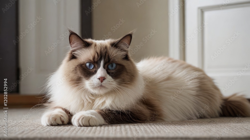 Chocolate point ragdoll cat laying on the floor indoor Chocolate point ragdoll cat laying on the floor indoor