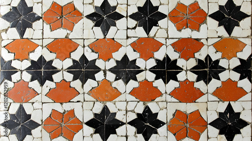 Vintage orange-black tile floor pattern photo