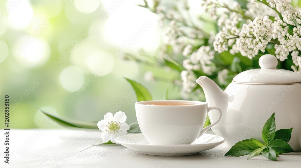 Spring teacup and teapot, garden bokeh background, relaxation Spring teacup and teapot, garden bokeh background, relaxation
