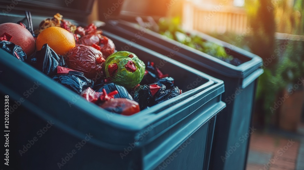 Overflowing trash bins filled with food waste and organic matter in a sunny outdoor setting Overflowing trash bins filled with food waste and organic matter in a sunny outdoor setting