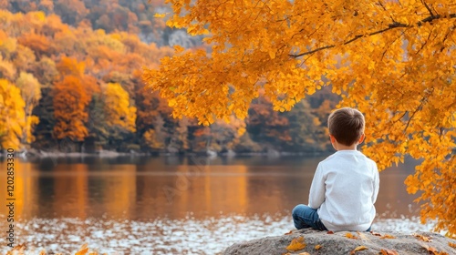 Boy Contemplates Autumn Lake and Forest.  Peaceful fall scene, nature's beauty. Stock photo use