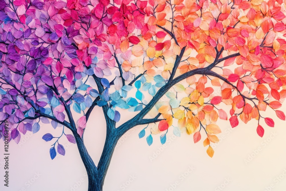 Obraz premium 3D wallpaper featuring a bright tree with multicolored leaves on elegant, hanging branches over a subtle gradient.