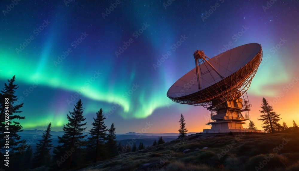 Radio Telescope Underneath an Aurora Borealis Display Radio Telescope Underneath an Aurora Borealis Display