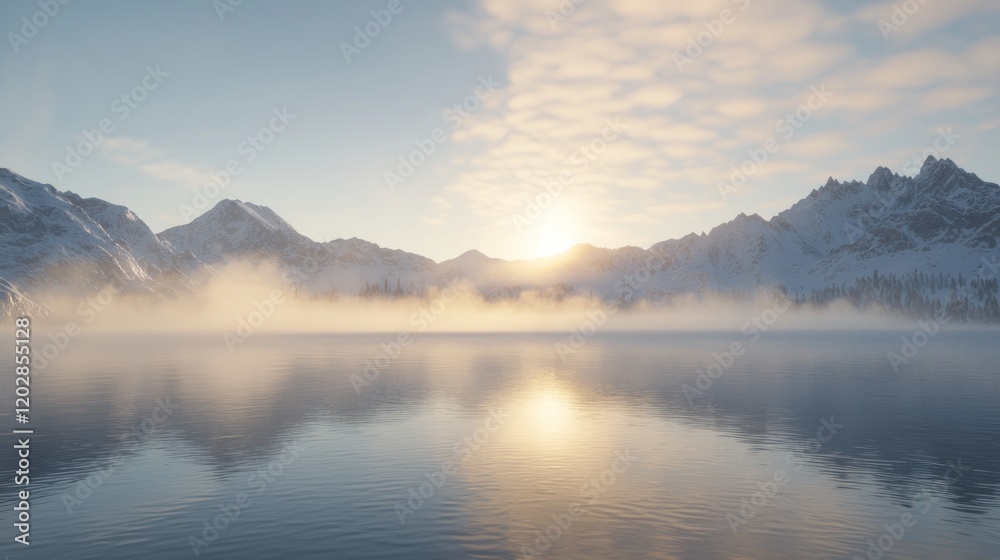 Fototapeta premium Misty sunrise over snow-capped mountains reflected in a calm lake.