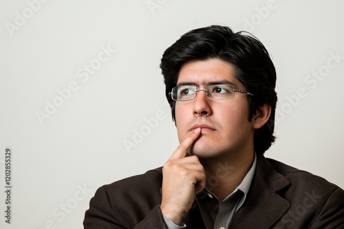 A thoughtful young man in a suit, pondering with a finger on his lips, against a plain background.