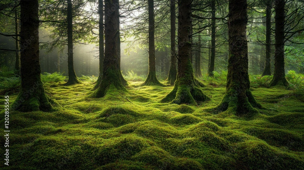 Obraz premium Sunbeams illuminate mossy forest floor.