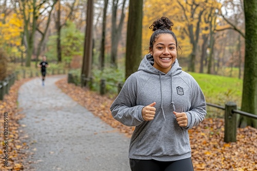 A woman jogs on a path in a park during autumn, showcasing fitness and outdoor activity.