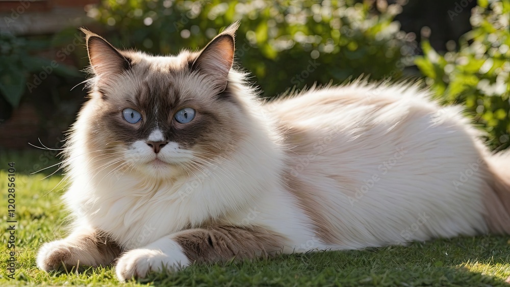 Chocolate point ragdoll cat lying outside in the garden Chocolate point ragdoll cat lying outside in the garden
