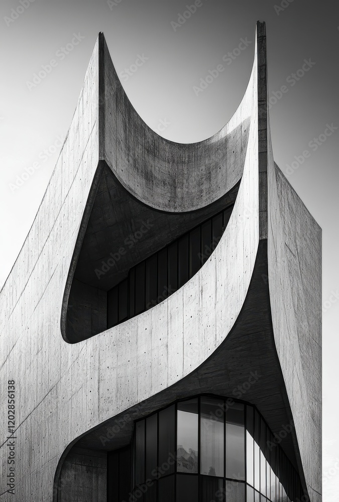 Obraz premium Abstract architectural design featuring graceful curves and sharp angles, showcasing modern concrete structures against a stark monochrome backdrop.
