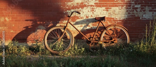 A vintage bicycle rests against a weathered brick wall, basking in warm, golden sunlight and casting a long shadow on the overgrown grass. photo