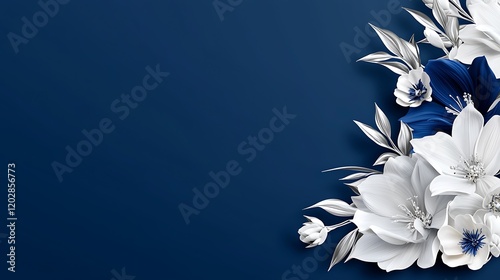 Elegant White and Silver Flowers on a Deep Blue Background