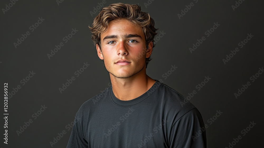 A portrait of a young man with a confident expression, set against a dark background. A portrait of a young man with a confident expression, set against a dark background.