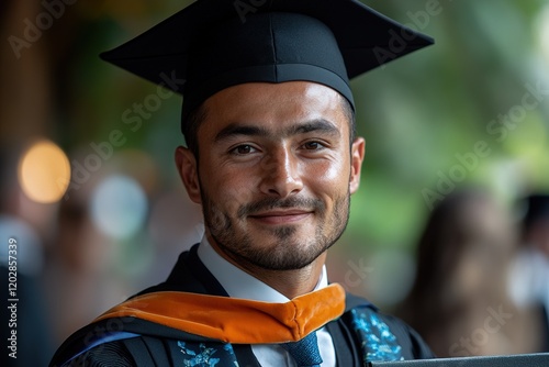 A smiling graduate in cap and gown, celebrating academic achievement with a diploma in hand.