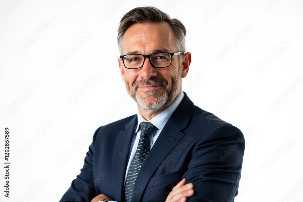 Confident Businessman in Professional Attire With Glasses, Smiling and Crossed Arms, Posing Against a White Background Confident Businessman in Professional Attire With Glasses, Smiling and Crossed Arms, Posing Against a White Background