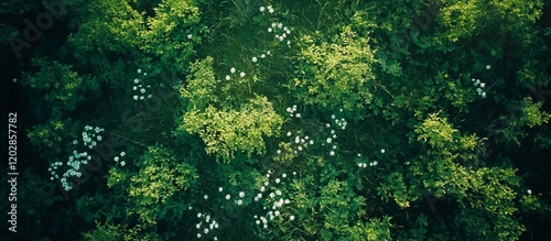 Aerial View of Lush Green Foliage with Scattered White Flowers