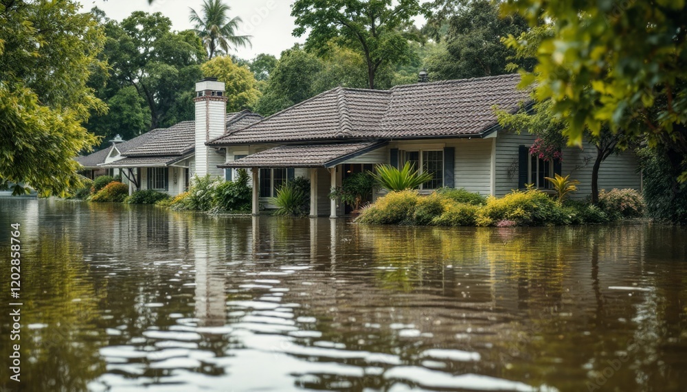 Flooded Houses Submerged In Rising Waters Beside Lush Greenery Flooded Houses Submerged In Rising Waters Beside Lush Greenery