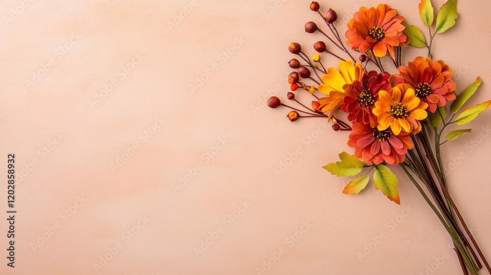 Obraz premium Vibrant Autumn Flower Arrangement with Warm Tones on Neutral Background