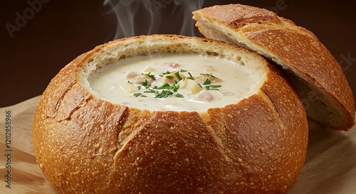 A steaming bowl of clam chowder served in a hollowed-out bread bowl, garnished with fresh parsley
