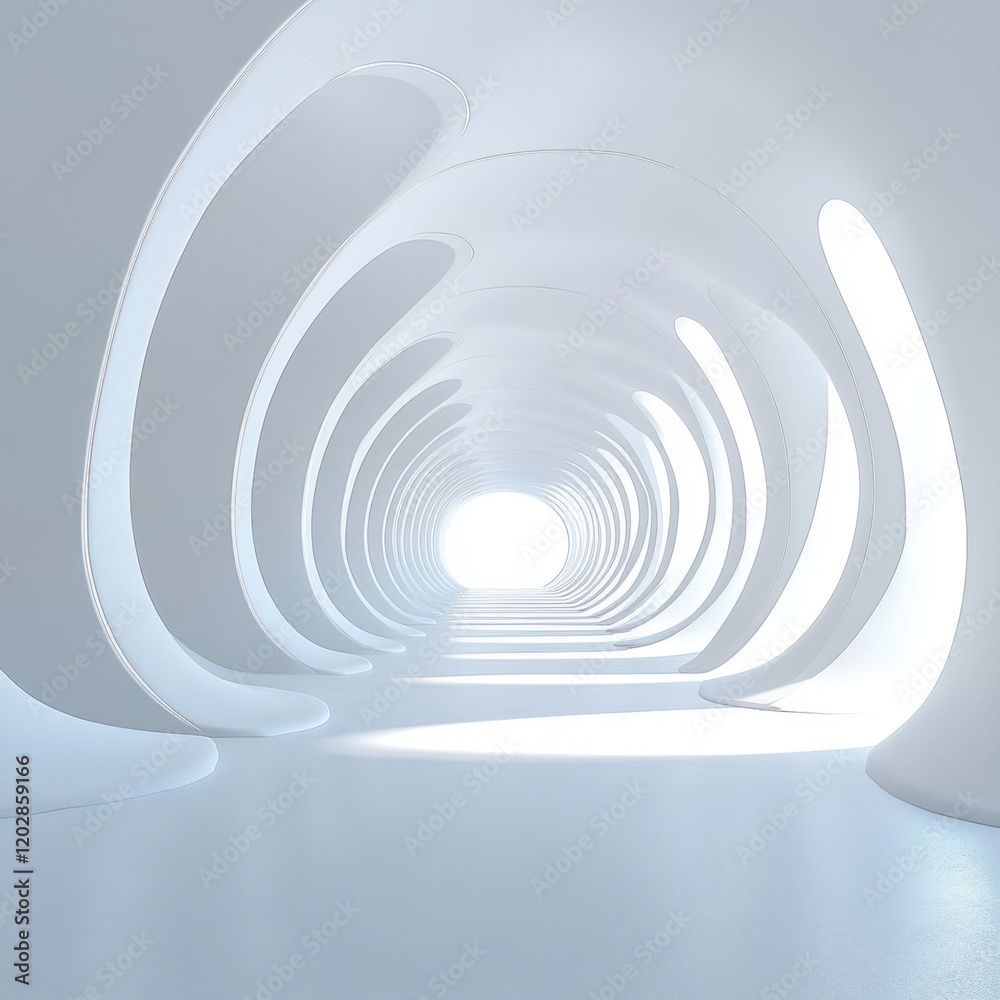 Fototapeta premium Abstract futuristic architecture featuring a surreal empty corridor with smooth curved walls, bright light illuminating the space in minimalistic design aesthetic.