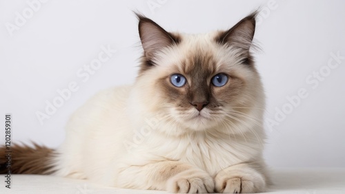 Portrait of Chocolate point ragdoll cat on grey background