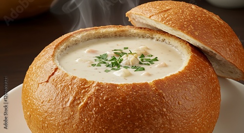 A steaming bowl of clam chowder served in a hollowed-out bread bowl, garnished with fresh parsley
