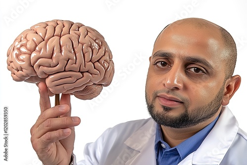 A medical professional holds a model of a brain, emphasizing neuroscience and education.