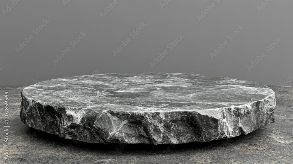Naklejka premium A round, textured stone platform with a rugged edge, set against a simple gray background.