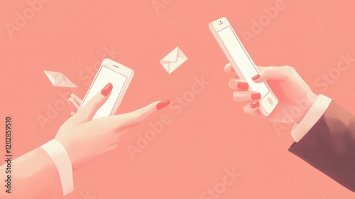 Minimalist social media marketing illustration, two hands interacting with mobile devices, email notification icons, engagement metrics counter showing 999 likes, coral red nail polish, business suit photo