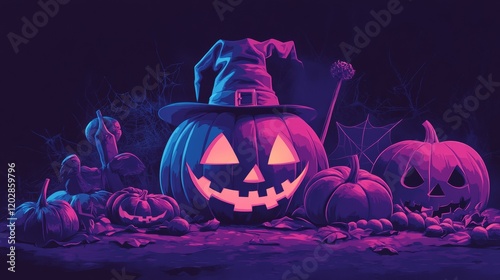 Halloween Pumpkin Lantern and Wizard Hat
