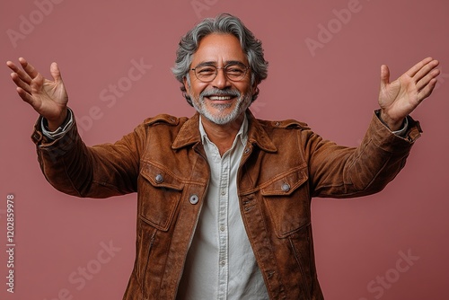 A smiling man with gray hair and glasses, wearing a brown jacket, gestures warmly against a pink background.