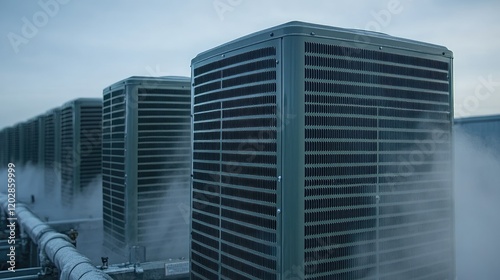 A row of industrial cooling units emitting mist in a commercial setting.