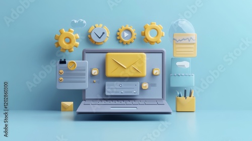email dashboard visualization, modern laptop design, hovering marketing elements, gears symbol, calendar icon, notification bubble, yellow envelope, 3d isometric perspective, pastel blue environment,