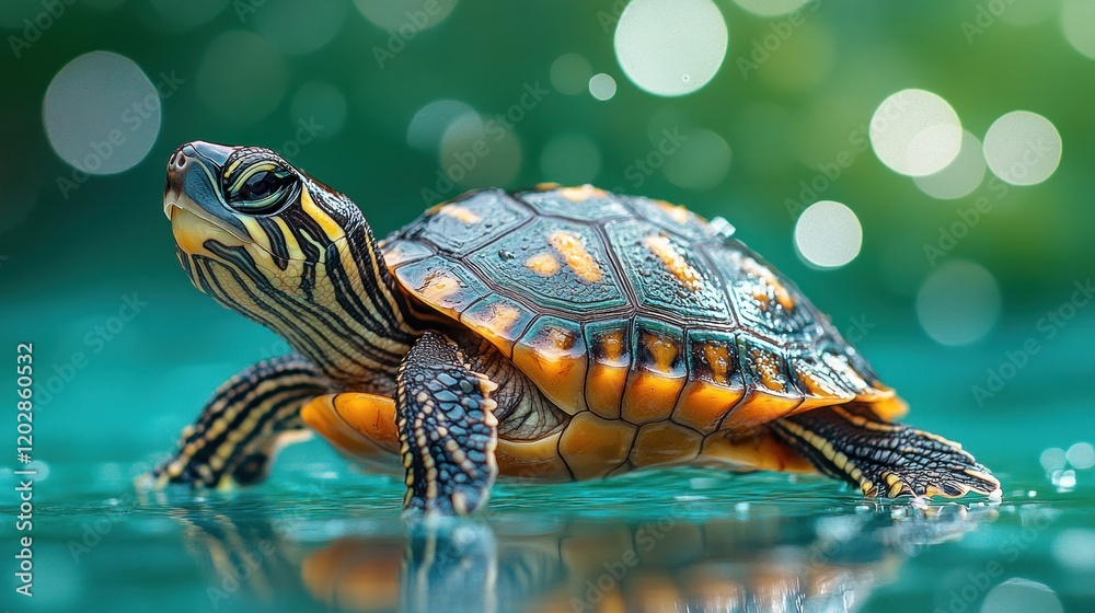 Colorful turtle swimming gracefully in clear water with soft bokeh background Colorful turtle swimming gracefully in clear water with soft bokeh background