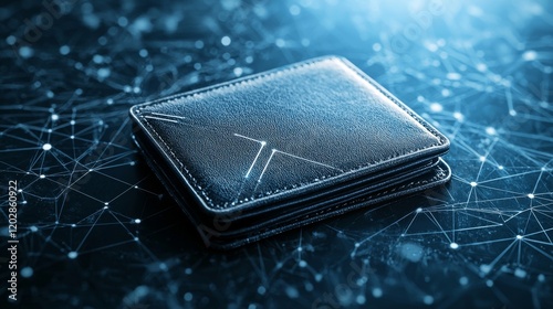 Stylish black leather wallet on abstract digital background with network connections and glowing lines