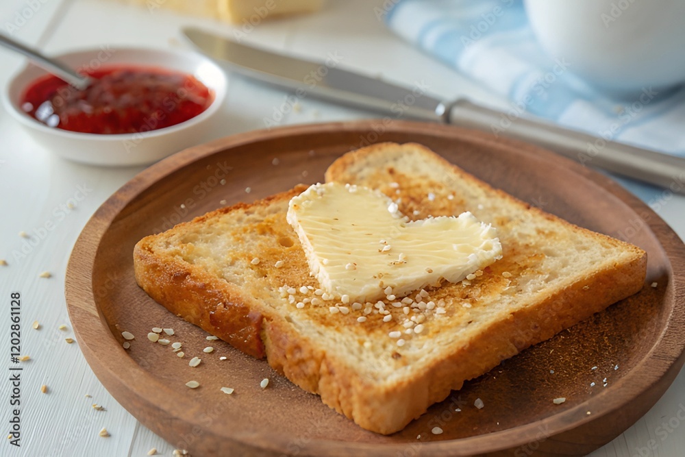 Toasted bread topped with butter and sesame seeds served with jam on a wooden plate in a bright kitchen setting Toasted bread topped with butter and sesame seeds served with jam on a wooden plate in a bright kitchen setting
