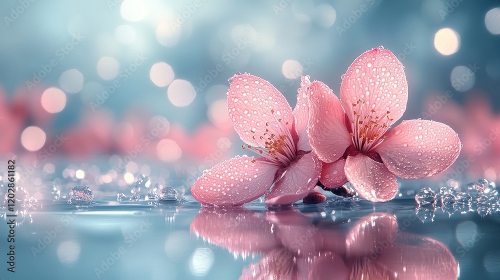 Fototapeta premium Serene Cherry Blossoms Reflected in Water with Bokeh Background