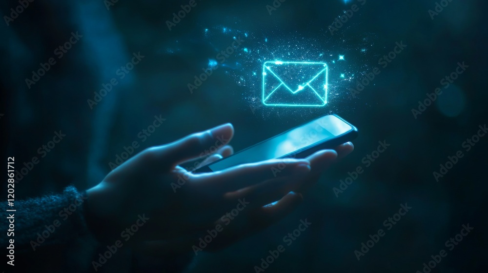 Detailed hands holding mobile phone, projected holographic mail icon, notification counter elements, message interface visualization, deep blue environmental lighting, elegant dark background,