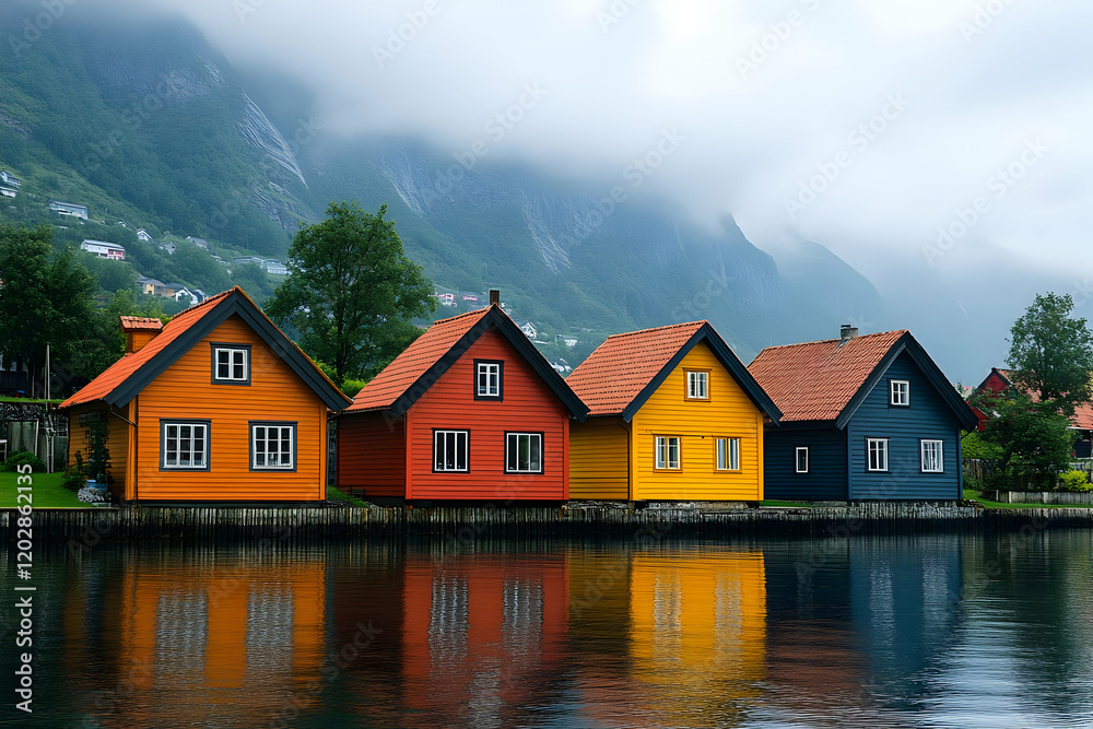 Fototapeta premium Colorful houses reflect on fjord, misty mountains