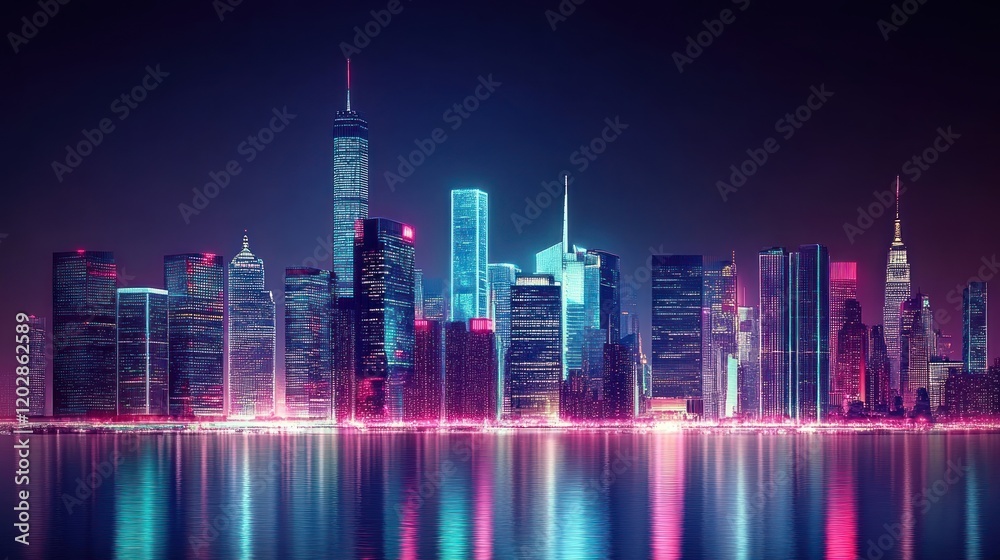 Vibrant city skyline at night with colorful reflections.