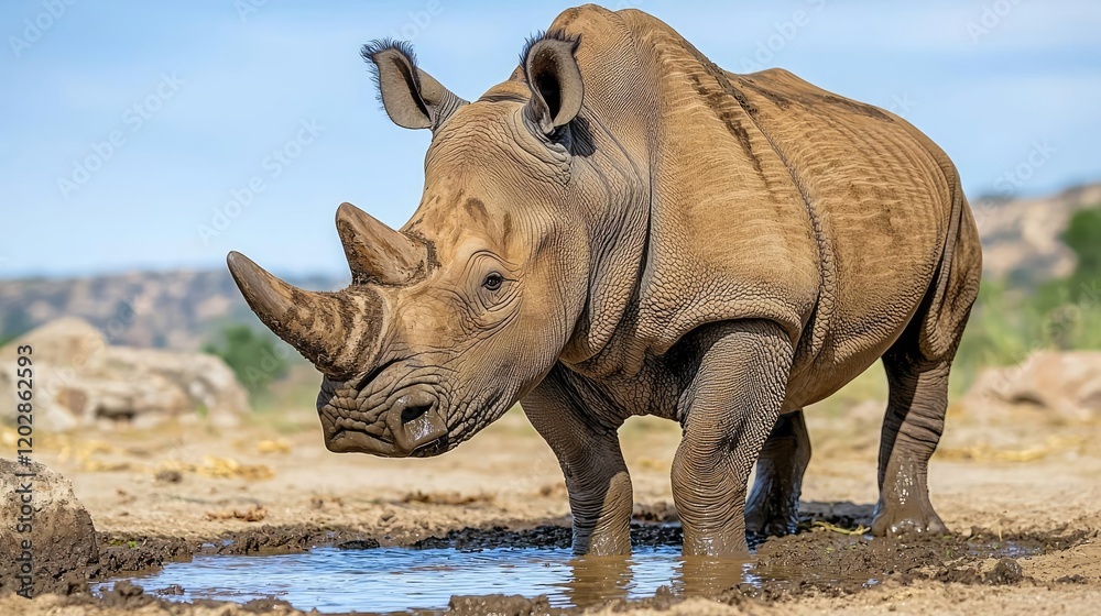 Fototapeta premium Rhino drinking at muddy watering hole, savanna background, wildlife photography for conservation