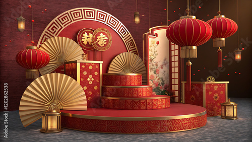 3d render of a festive Chinese New Year celebration, with a luxurious red and gold podium display with lanterns, paper fans. Background for advertising, promotional poster or flyer.
